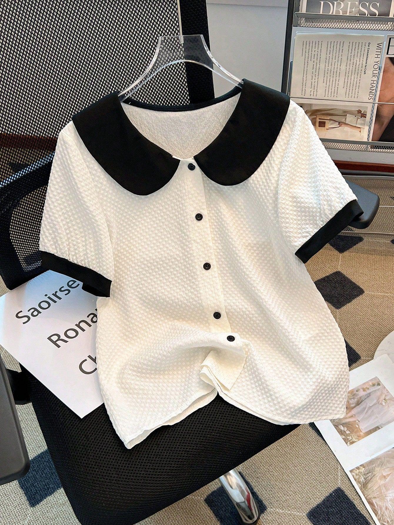 

Plus Size Summer Casual Women s Clothing - Color Block Collar with Buttons 1XL белый