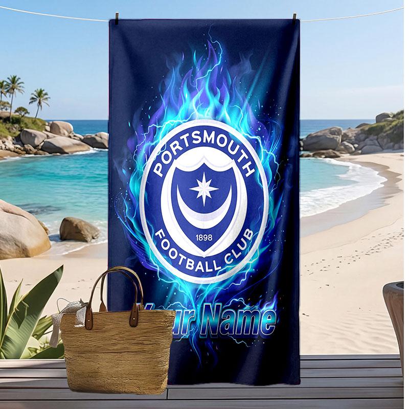 Portsmouth FC Personalized Printed Beach Towel Soccer Logo Support Custom Name Text Absorbent Towel For Sport Travel Special Gift