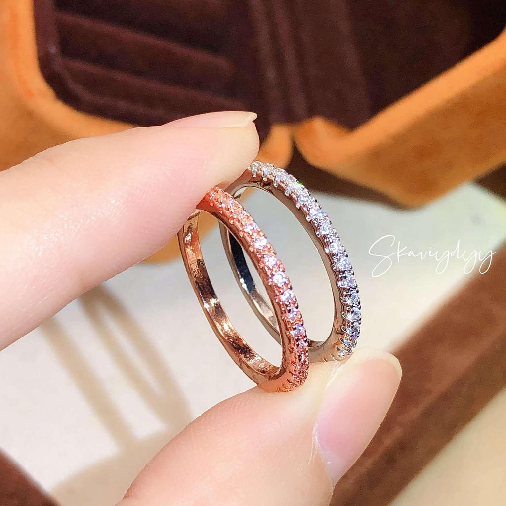 18K Rose Gold Plated Ring with Micro-Paved Zirconia, Single Row Diamond Design for Women.