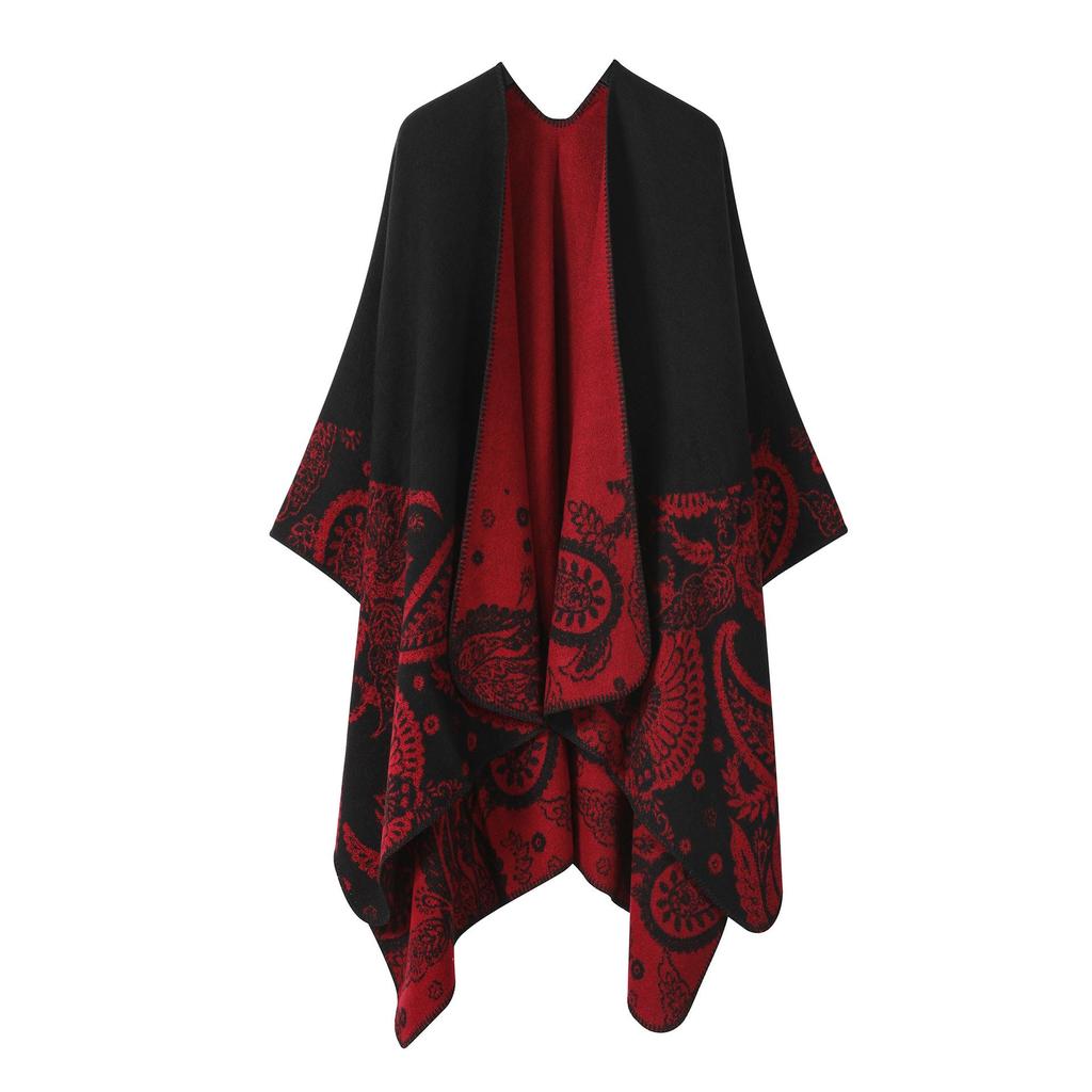 Women's Double-Sided Tassel Shawl Cloak - Classic Slit Design, Warm Travel Cape