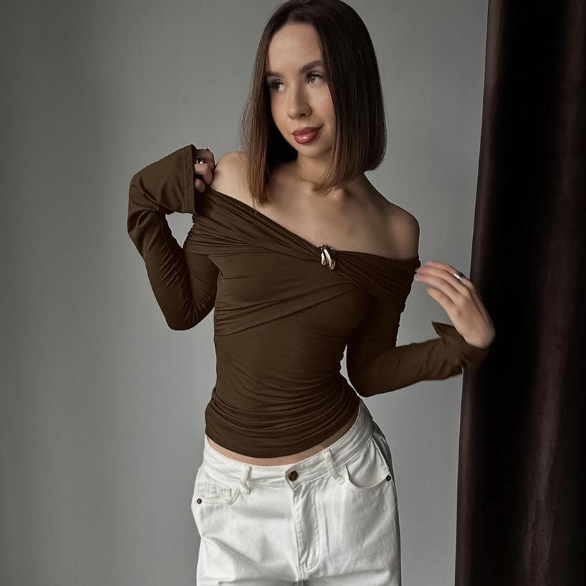American Spice Girl Design Sense One-word Shoulder Irregular Long-sleeved Tight Top Autumn and Winter Sexy Pure Desire Wind Off-the-shoulder T-shirt