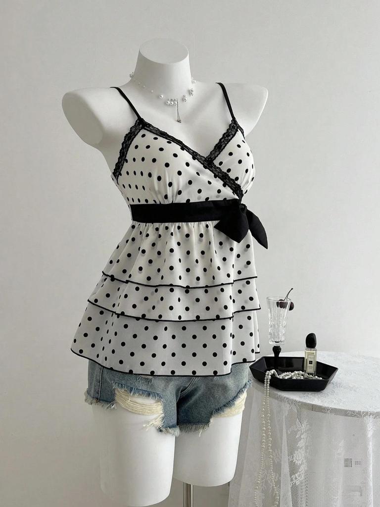 Women's Black & White Polka Dot Spaghetti Strap Lace Tank Top - Sweet & Spicy Spring/Summer Style