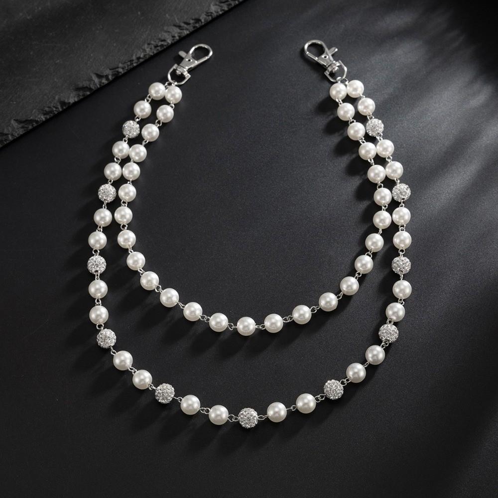 Mode Doppellagige Hosenkette Hip Hop Geschenk Strass Perlen Schlüsselanhänger Imitation Perle Hosen Jeans Kette Herren