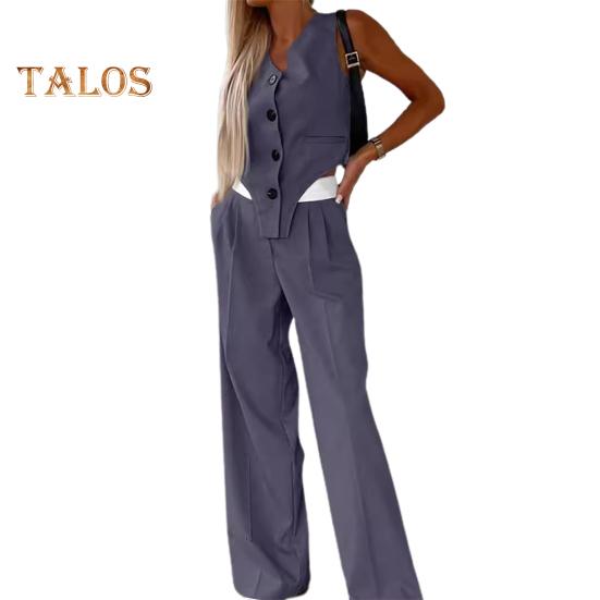 2 stk/sett Dame Toppbukser Dress Ermeløs V-hals Enkelsnappet Uregelmessig vest Elastisk Høy midje Bred Ben Bukser Ensfarge Formell OL