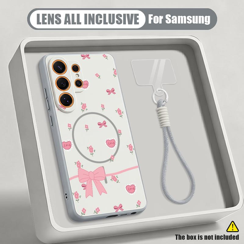 Retro Flowers Black Rose Print Lanyard Case For Samsung S26 S25 Ultra S24 Plus S23 FE S22 Ultra A55 A56 A17 A37 A57 5G Skin Feel Magnetic Phone Cover