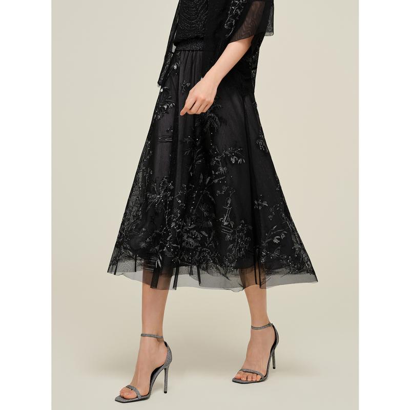 JZ Jiuzi Shopping Mall Same Style Chinese Style Bead Embroidered Mesh Half Skirt Women's Summer New Style
