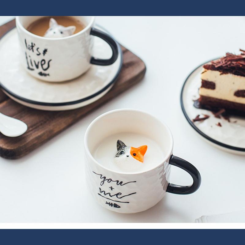 Ceramic Cat Mug for Children, Afternoon Tea, Simple Literary, Coffee Cup and Saucer, Couple Drinking Milk, Cute