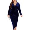 Plus Size Velvet Bodycon Dress - Long Sleeve, Pleated, Deep V Neck for Parties & Cocktails