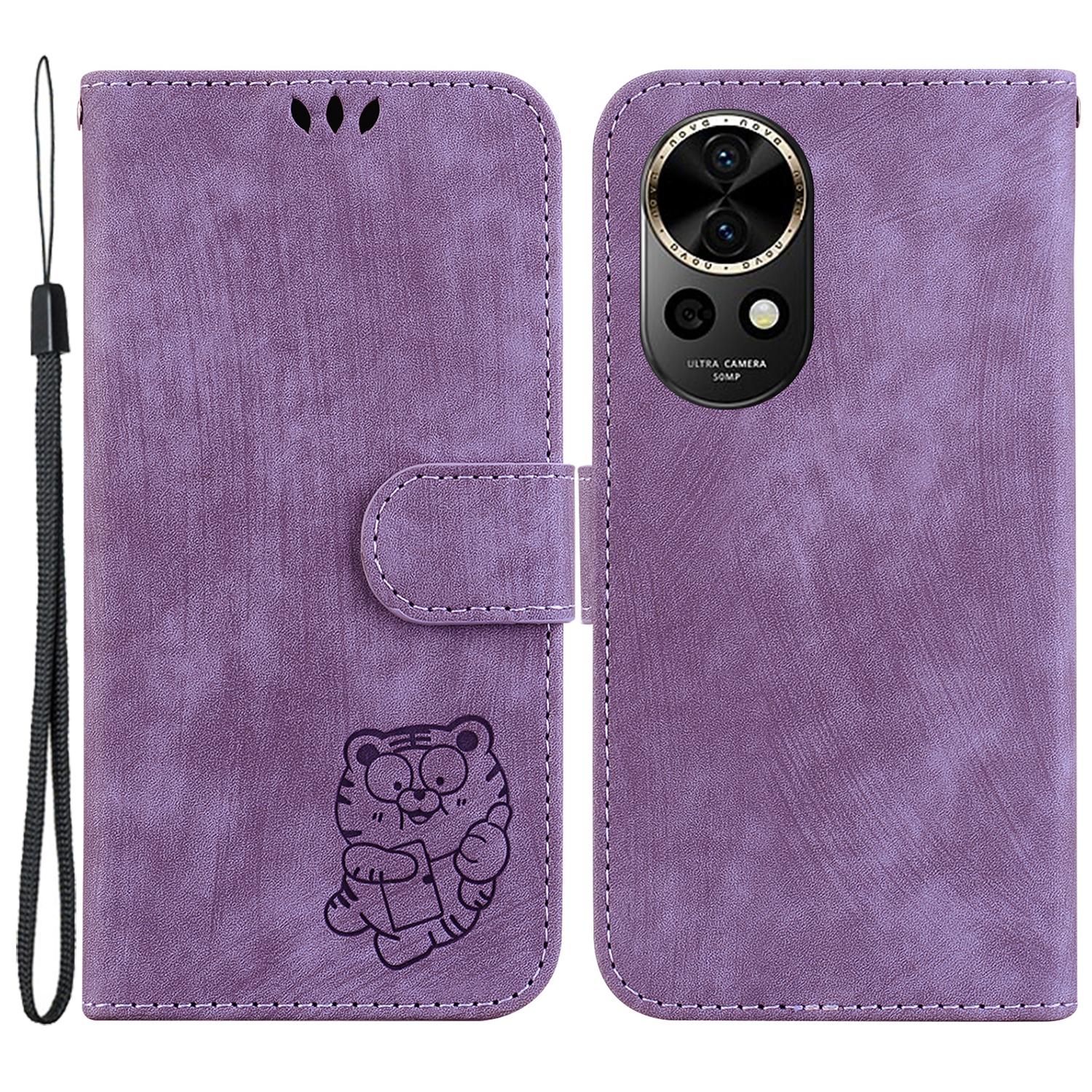 

For Huawei nova 12 5G Stand Case Cute Tiger Imprint Leather Wallet Phone Cover Purple