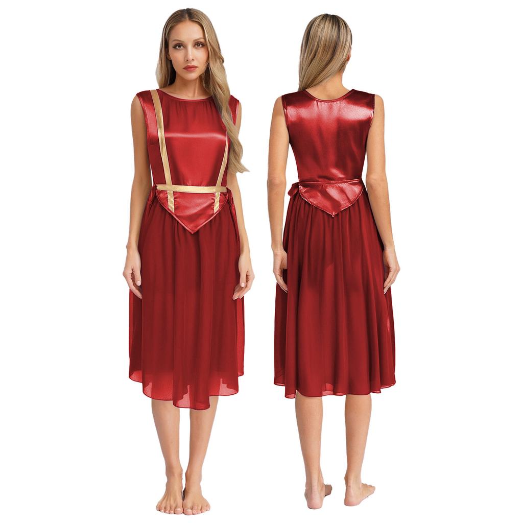 Womens Liturgical Dance Costume Round Neck Sleeveless Design Lace-up Sides Split Hem Satin Tunic