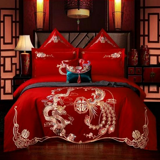 Luksusowy zestaw pościeli ślubnej z haftowanymi Smokiem i Feniksem - 4-częściowa, świąteczna, czerwona kołdra dla nowożeńców