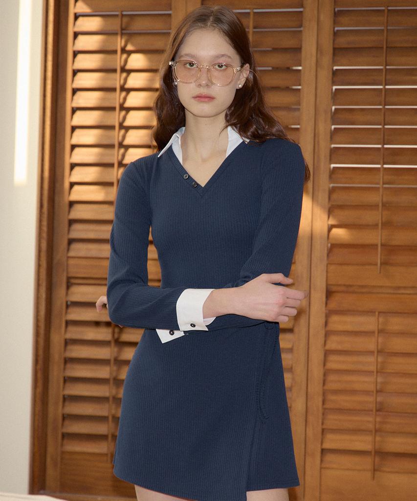 Salon De Yon Shirt Detail Jersey Dress_ Navy