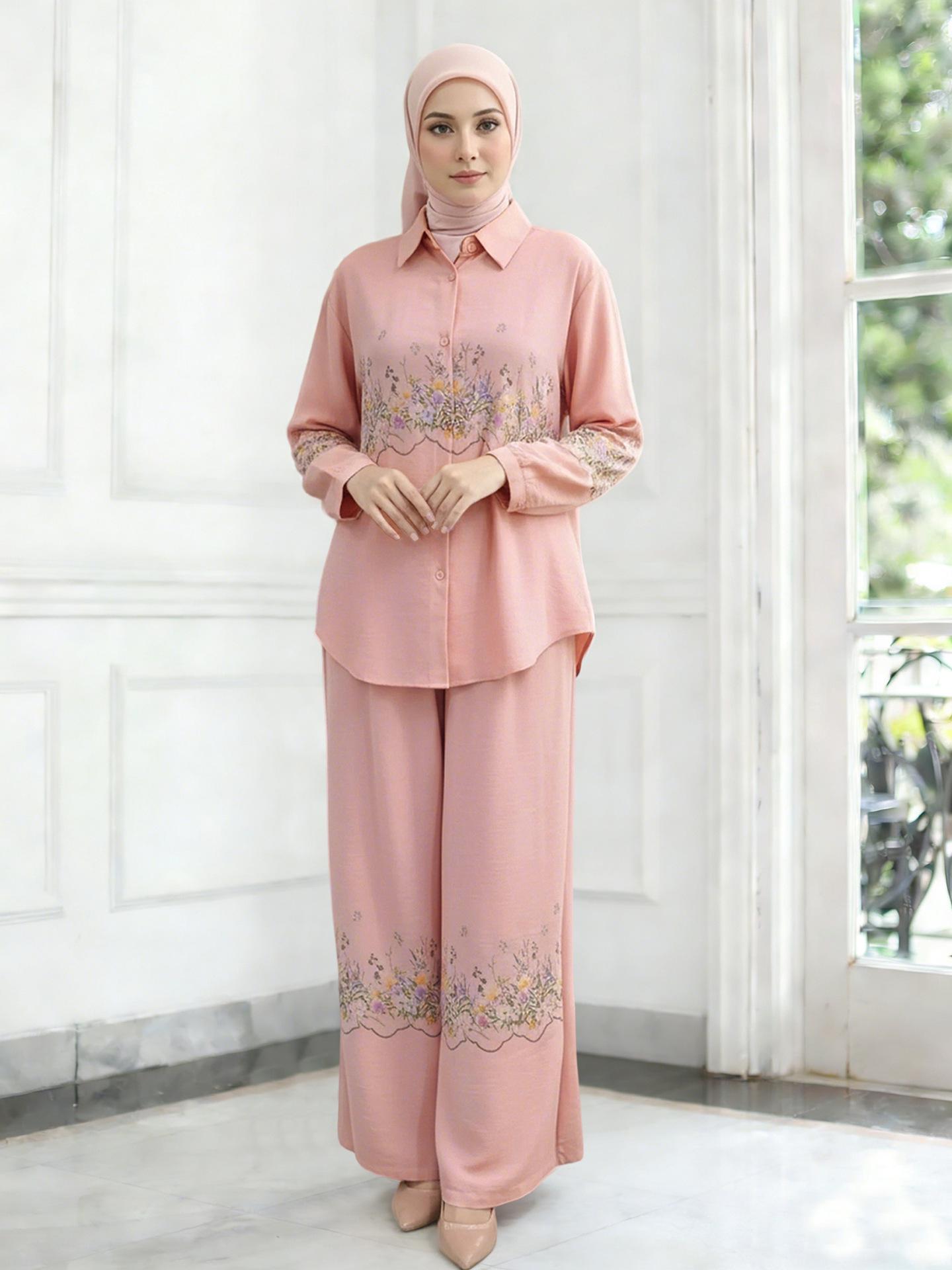 

Комплект из рубашки с длинным рукавом и воротником и брюк M375# с принтом для ближневосточных мусульманских женщин, Малайзия XL розовый