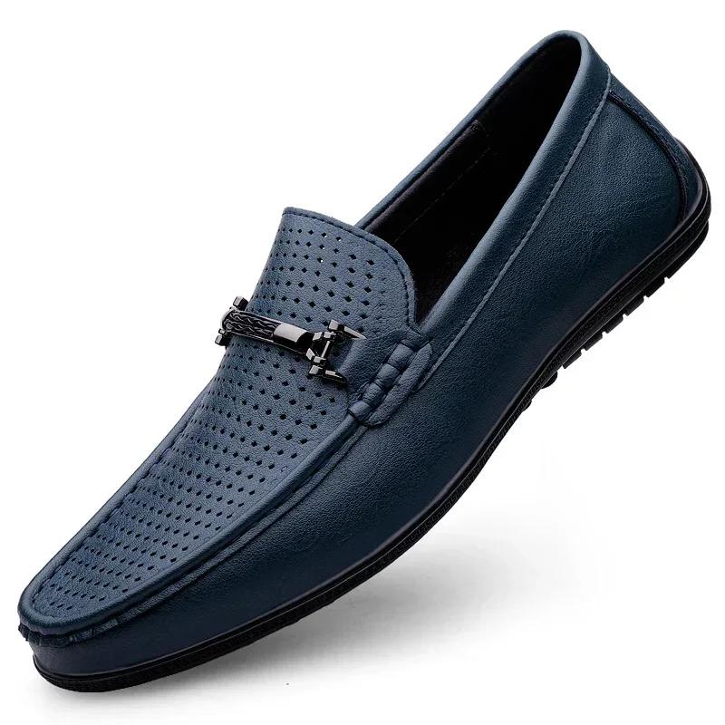Fashion Luxury Mens Genuine Leather Shoes New Casual Shoes Men Blue Business Men Slip-on Shoes All-Match Loafers Handmade Driving Flats