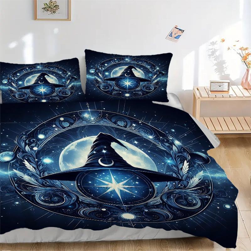 3pcs Wizard's Hat A Mystical Celestial Emblem Printed Duvet Cover Set (1 * Cover+2 * Pillowcase, Without Core), Suitable for Home Bedroom, Guest