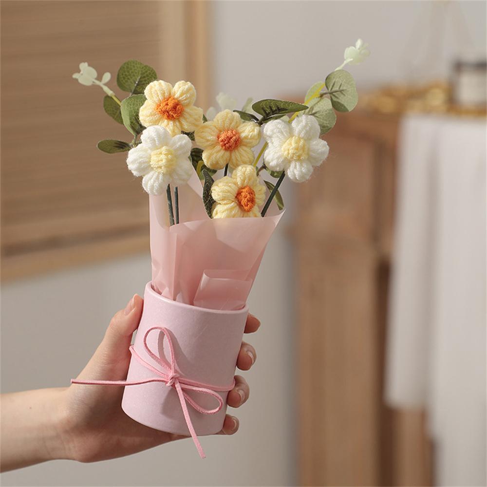 Artificial Flower Rose Vase Decor Crochet Knitted Wool Sunflower Handmade Woven Finished Bouquet Birthday Valentine's Day Gifts