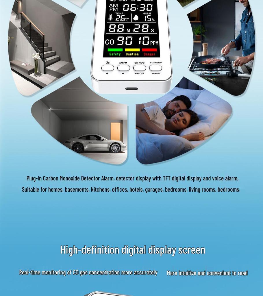5-in-1 Portable CO Alarm & Air Quality Detector with Temperature & Humidity Sensors for Home Use
