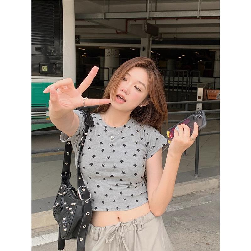 

Футболка с короткими рукавами и принтом звезд для женщин на весну и лето, новая индивидуальная одежда, короткий топ на правое плечо, чистое желание, сладкий топ XL