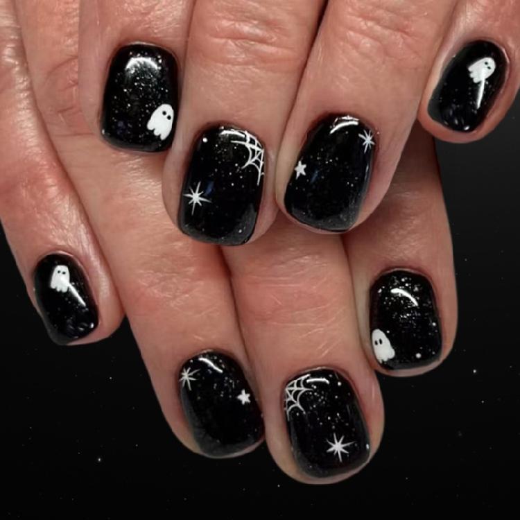 

24 Pcs Glossy Full Cover False Nail Spiders Web Stick on Nail Halloween Acrylic Nail Short Square Press On Nail 1