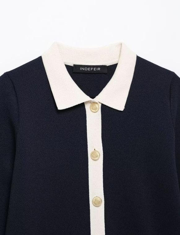 TAOP&ZA Women's Early Spring Color Block Turn-Down Collar Long Sleeve Knitted Dress