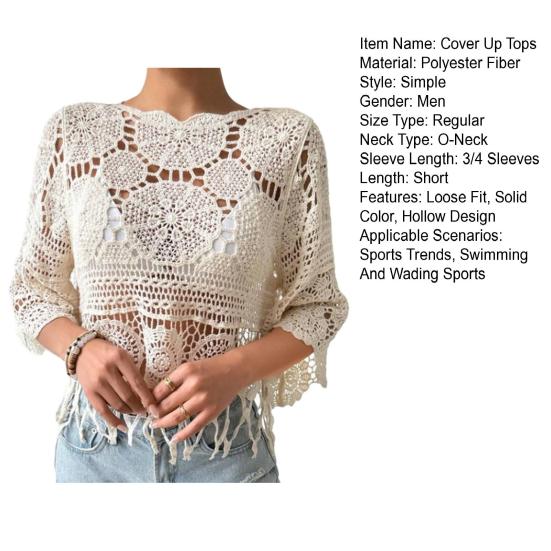Cover Up Tops Loose Fit Round Neck Three-Quarter Sleeve Crochet Hollow Fabric Beach Cover Up Bohemian Tassel Hem Shirt