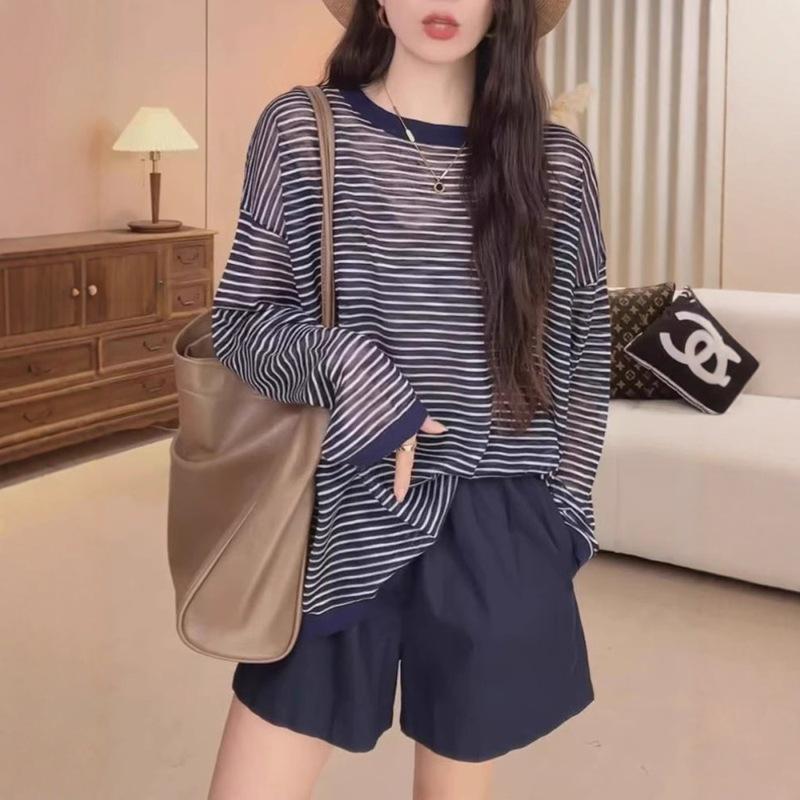 

Женский синий полосатый кардиган с длинным рукавом из ледяного шелка - Легкий и повседневный летний топ для защиты от солнца S 80-95 lbs синий