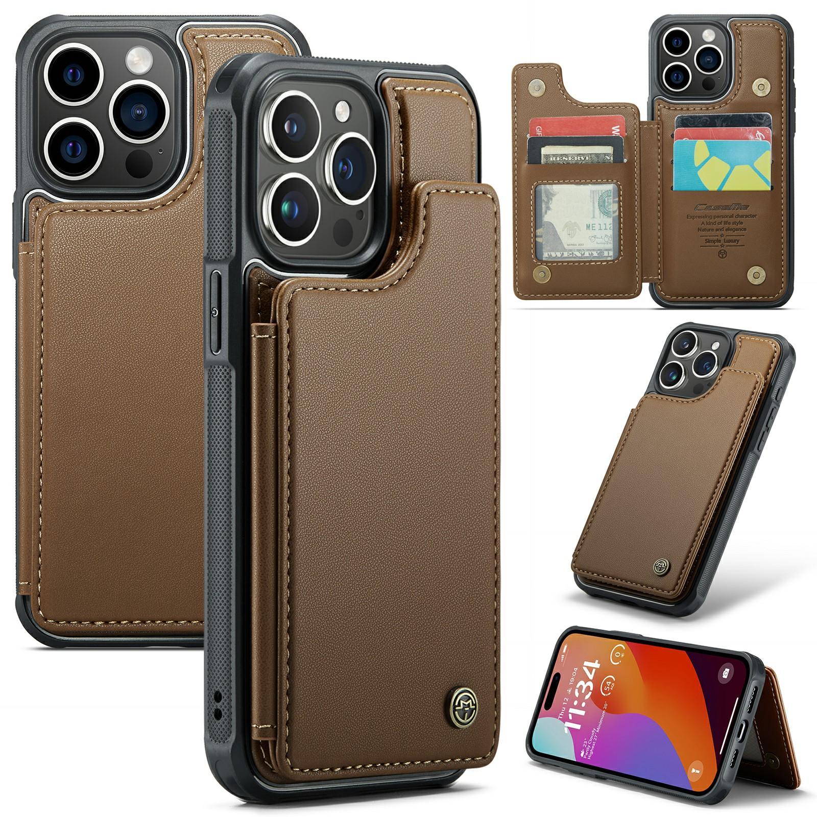

For iPhone 16 Pro Max Phone Case CASEME C22 Leather Back Cover with RFID Blocking Card Slots Brown
