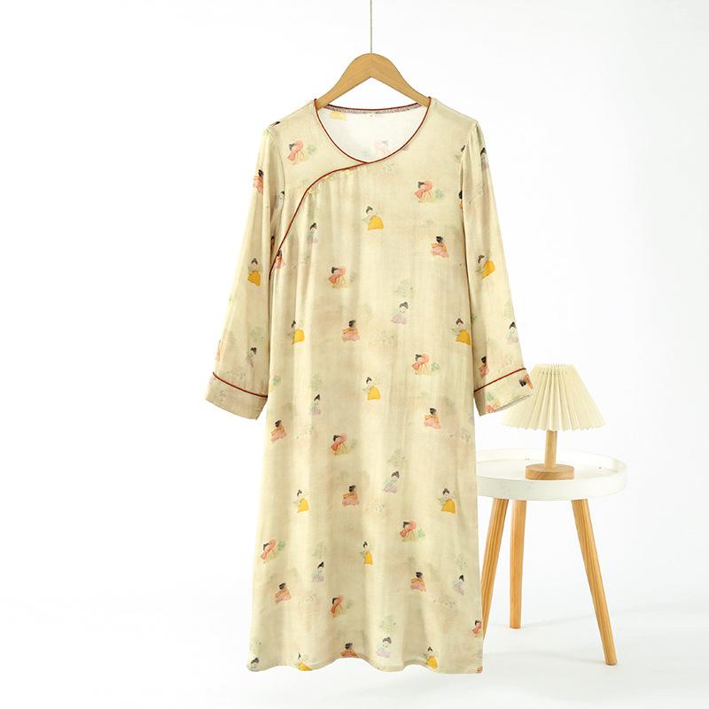 Women's Long-sleeved Chinese National Style Cotton Nightgowns for Women Spring / Summer Thin Bamboo Cotton Double-layer Gauze Nightdress