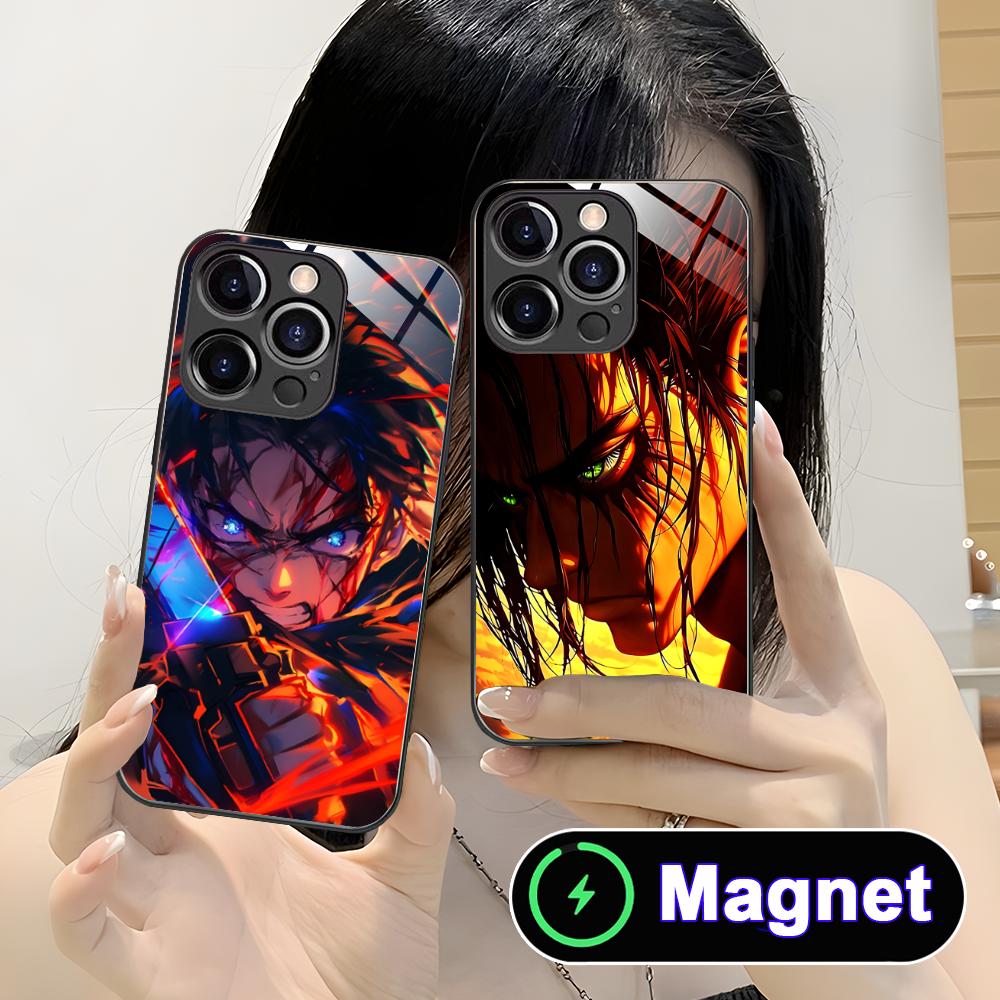 AOT Eren Yeager Glass MagSafe Mobile Phone Case for iPhone 17 16 15 14 13 12 11 Air Pro Max Plus Mini Colorful Cover