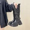 Versatile retro belt buckle locomotive boots women's autumn fashion design sense small leather boots thick sole heightening knight boots