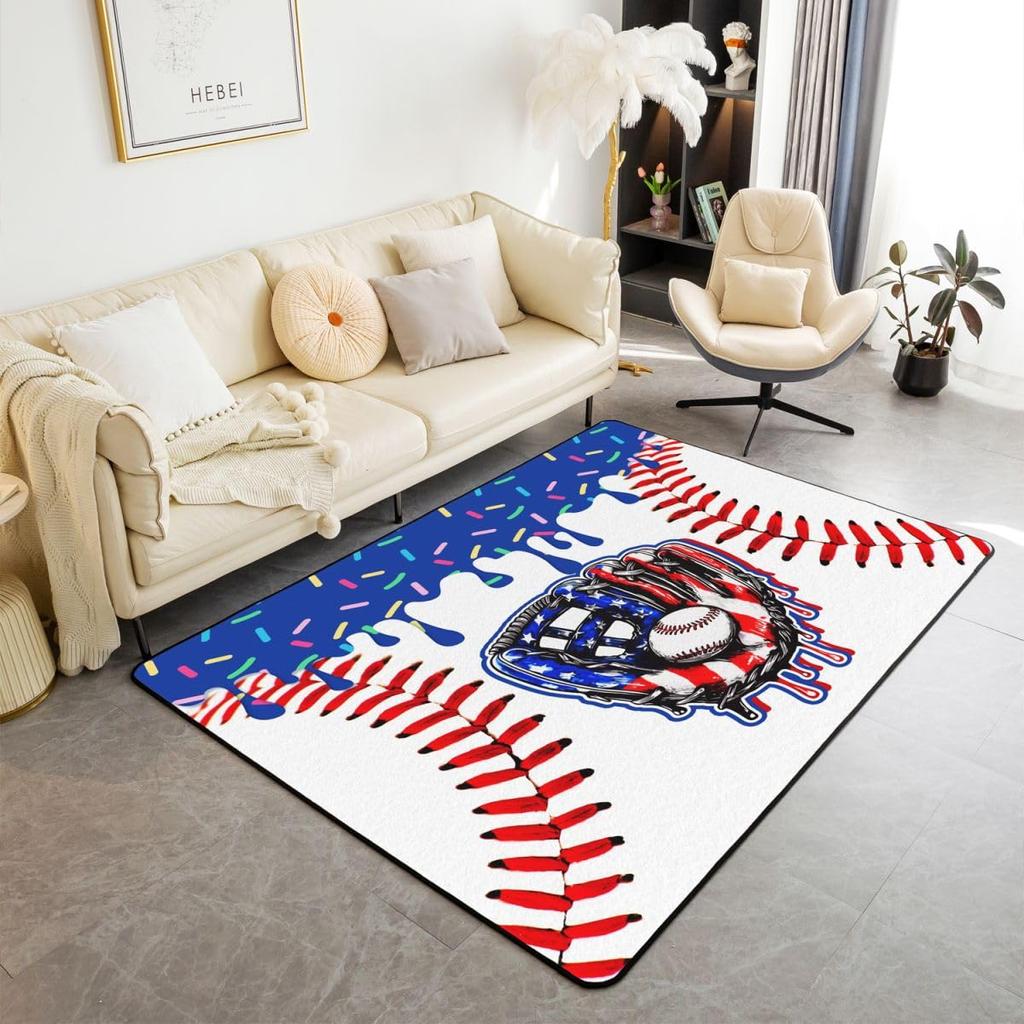 Erosebridal Navy Blue Baseball Ice Cream Area Rug 4'11" X 3'3" Ice Cream Drip Living Room Rugs Non Slip Baseball Glove Decorative Carpets Cu