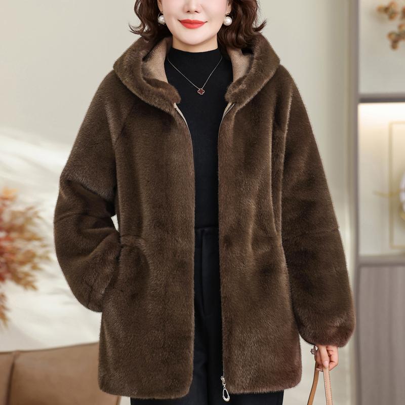 Middle-aged Women's Faux Fur Coat Winter Outerwears Hooded Elegant Thick Warm Fur Jackets for Women Clothes