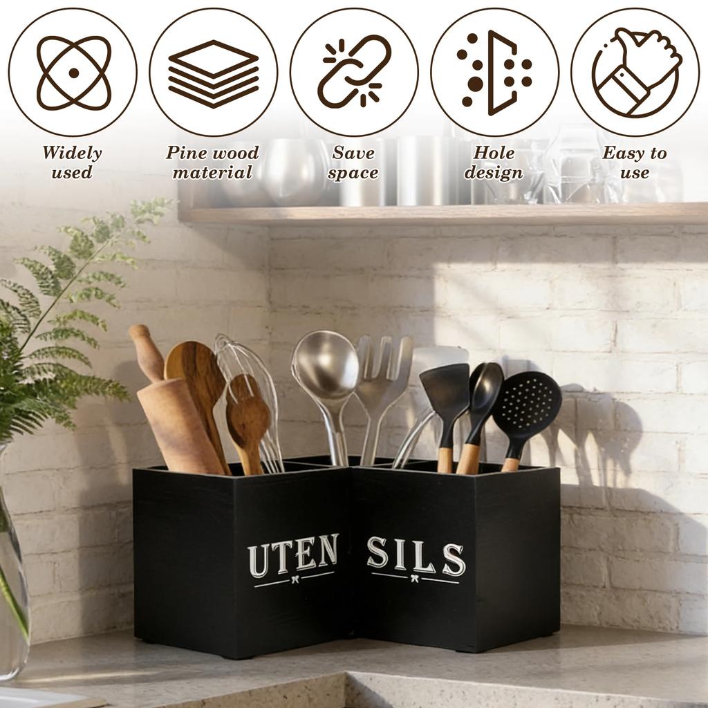 Kitchen Utensil Holder Wood Corner Utensil Caddy with 3 Compartments Vintage Countertop Storage Rack for Home Kitchen Decoration