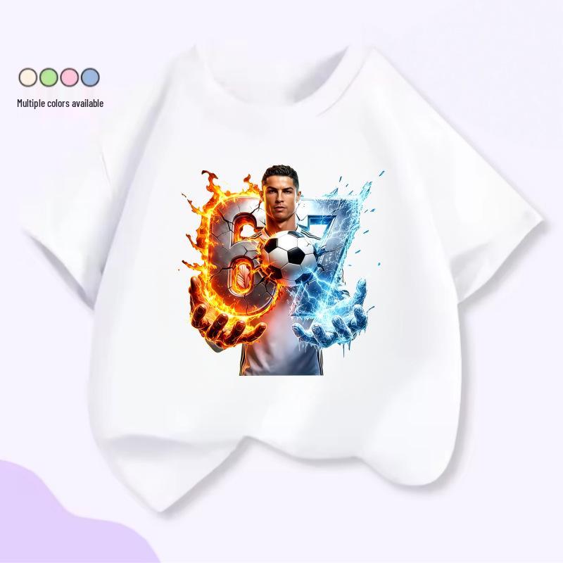 Unisex T-shirt voor Kinderen met Korte Mouwen - Voetbal Supersterren Print (Messi & CR7), Zomer Katoen Ronde Hals