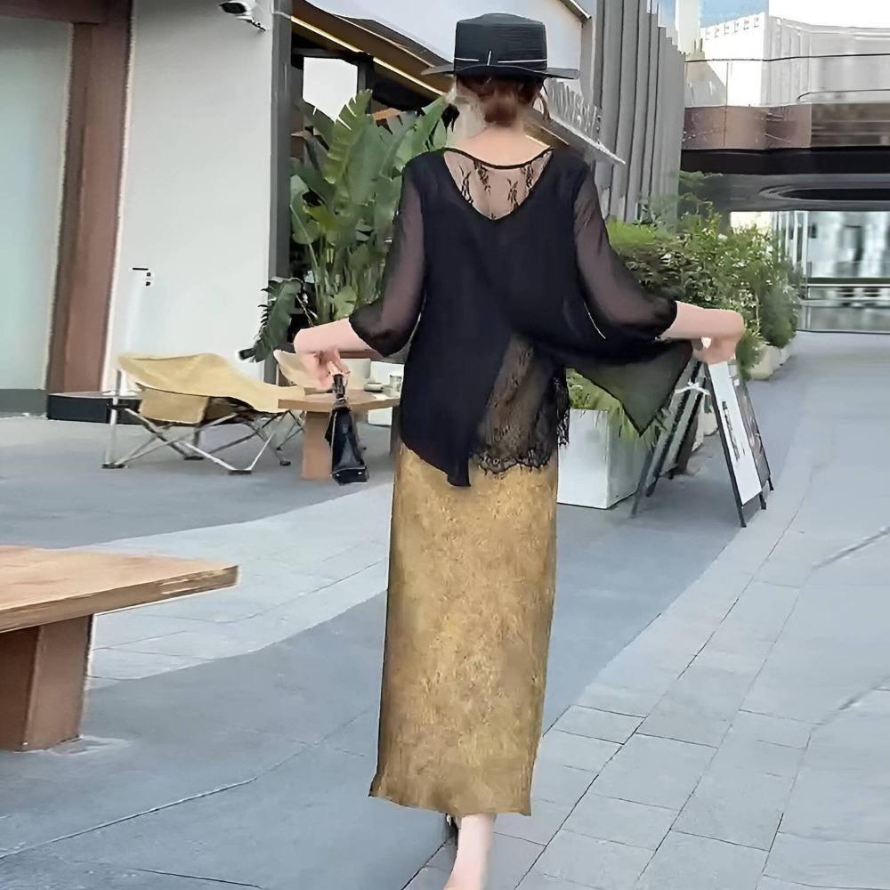 Top alla moda in chiffon morbido con maniche a tre quarti da donna, casual, protezione solare, camicetta in pizzo, vestibilità aderente