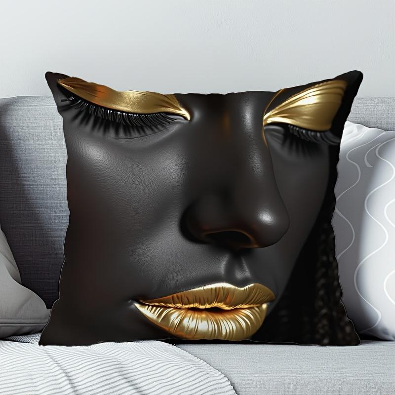 Atemberaubender schwarzer Kissenbezug mit goldenen Gesichtszügen - Einzigartige Heimdekoration Sofakissenbezug, Heimdekoration, 2D-Druck