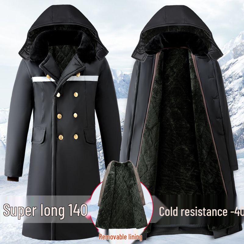 Men's Extra Long Winter Coat - Army Green, Waterproof, Windproof, Thickened Cotton with Removable Velvet Lining, Coldproof for Northeast Winters.