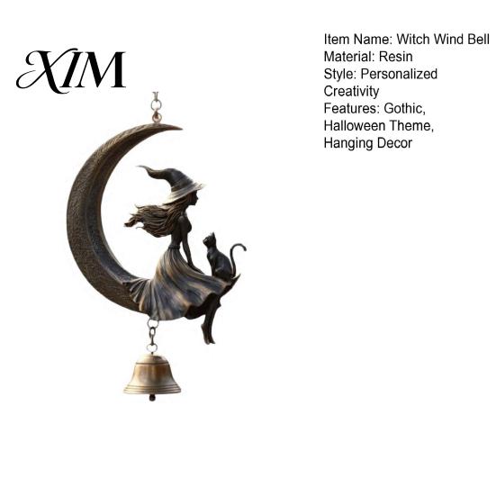 Moon Witchcraft Decorations Halloween Witch And Black Cat Wind Chime, Vintage on Crescent Spooky Seasonal Home Decor Hanging Bell, Gothic Ornament for