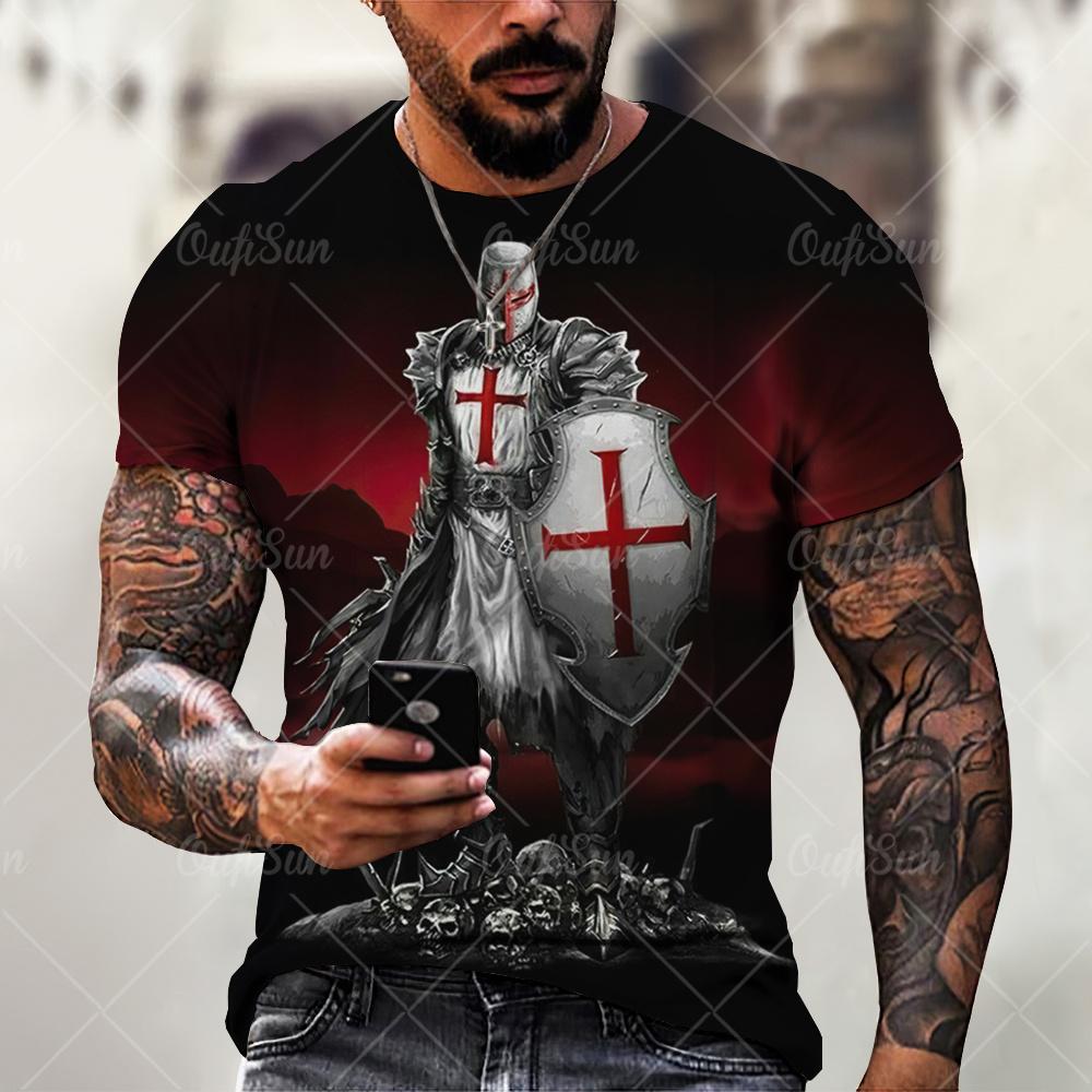 Retro Knights Templar Cross Print Unisex's T-shirts Summer Casual Loose Round- Neck Tee Shirt Sports Tees Oversized T Shirt For Unisex
