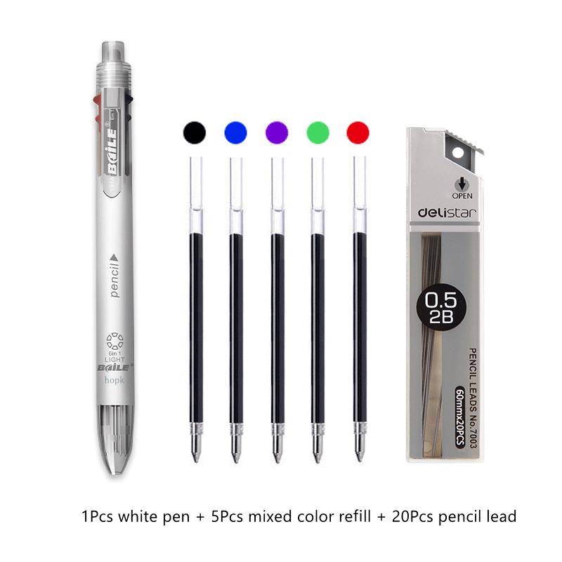 6 in 1 Multifunctional Pen 0.7 mm Ballpoint Pen 5 Colors and 0.5 mm Mechanical Pencil in One Pen for School Office Supplies