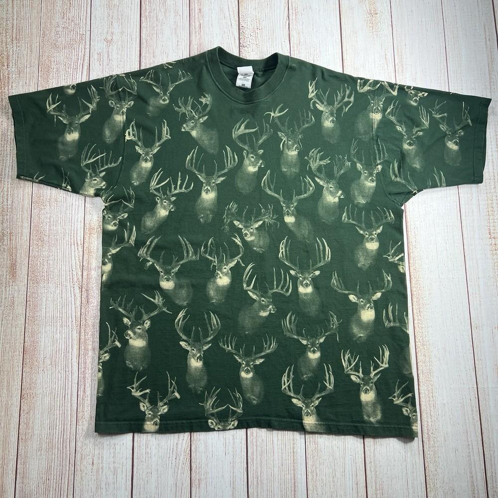 Vintage White Tail Buck AOP T-Shirt Men’s XXL Green Y2K Deer Hunting Unisex T-Shirt XXXL