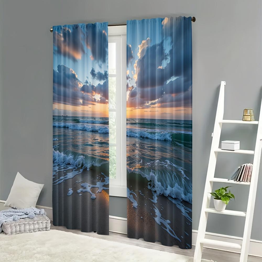 2pcs Tropical Beach Ocean Waves Curtains - Vibrant Sunset Print, Semi-Transparent Polyester, Machine Washable, Perfect for Bedro