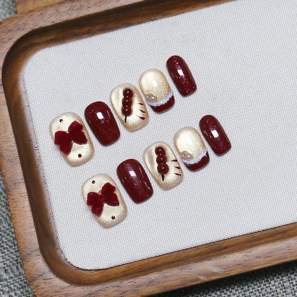 Tanghulu Handmade 3D Cat Eye Red Bow Nails