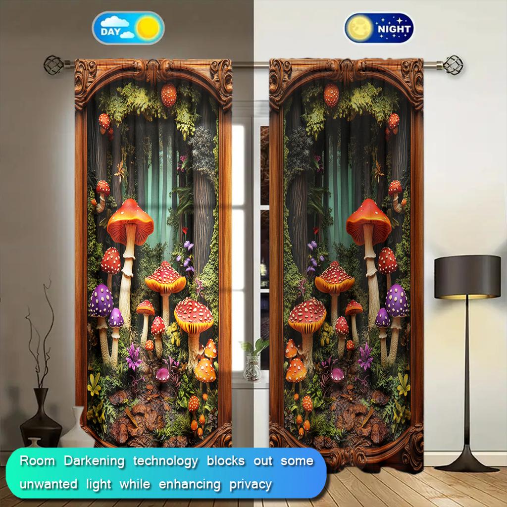 2pcs Rich Mushroom Forest Printed Curtain Farm Style for Home Decor - Rod Pocket Window Treatment for Bedroom, Office, Kitchen