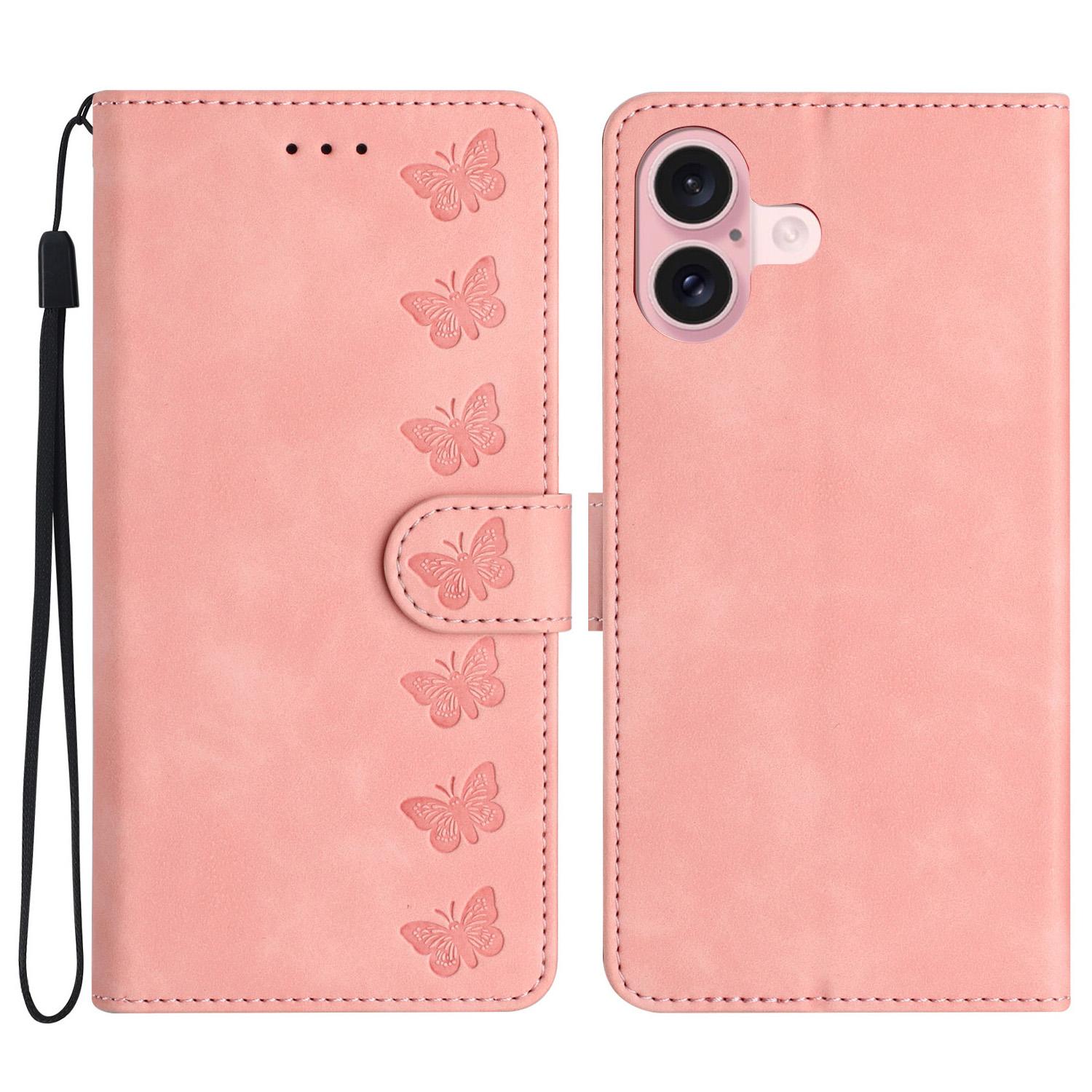 

For iPhone 16 Plus Case Butterfly Imprinted PU Leather Stand Phone Cover Pink