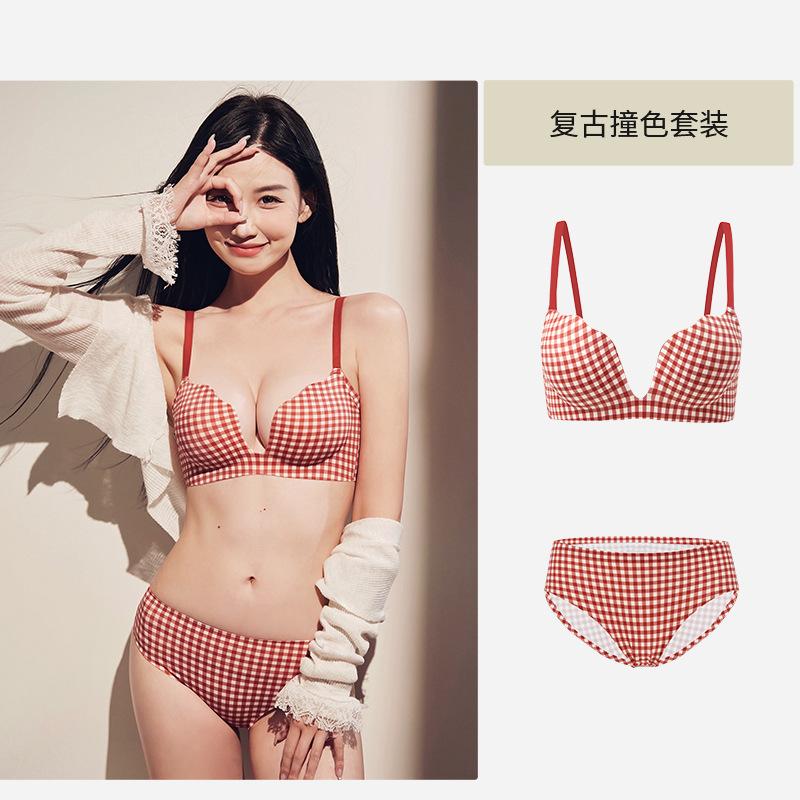 Vintage Plaid Seamless Small Big Natal Year Red Adjustment Wedding Bride Bra Cover