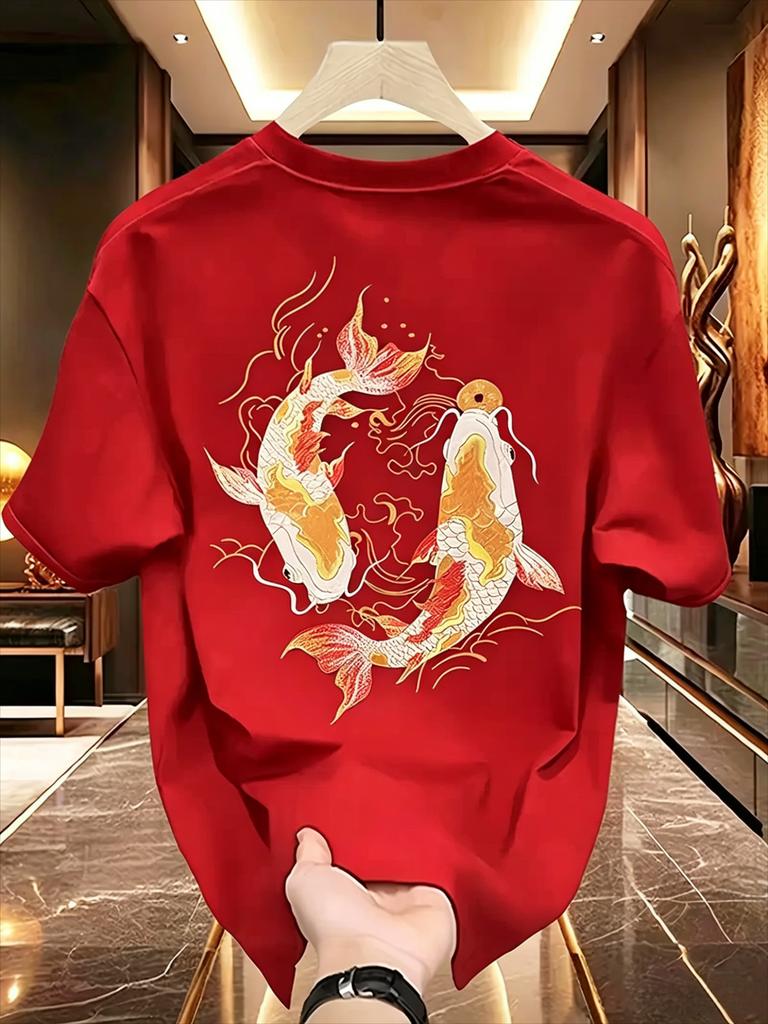 100 Cotton Unisexs TShirt With Golden And Black Koi Fish Print Summer RoundNeck ShortSleeved Casual Unisexs Fashionable Top