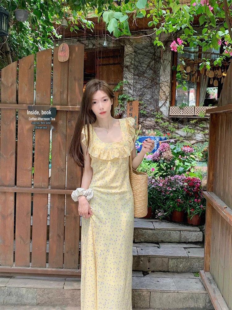 French Girl Floral Ruffle Midi Dress - Sexy Slim Lace Spaghetti Strap Summer Vacation Dress