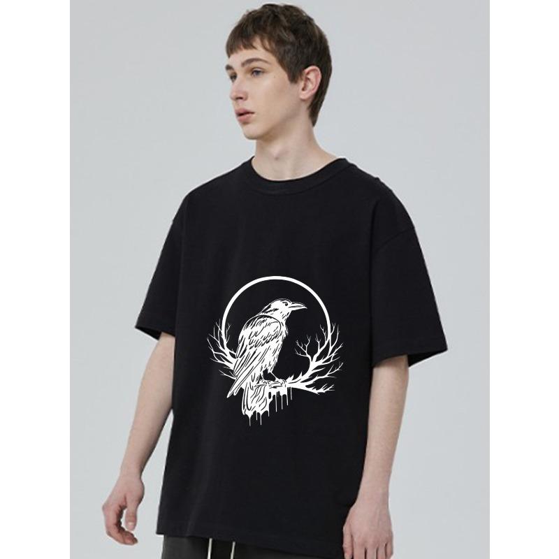 Black T Shirt with White Raven on Branch and Circle Design for Casual Wear