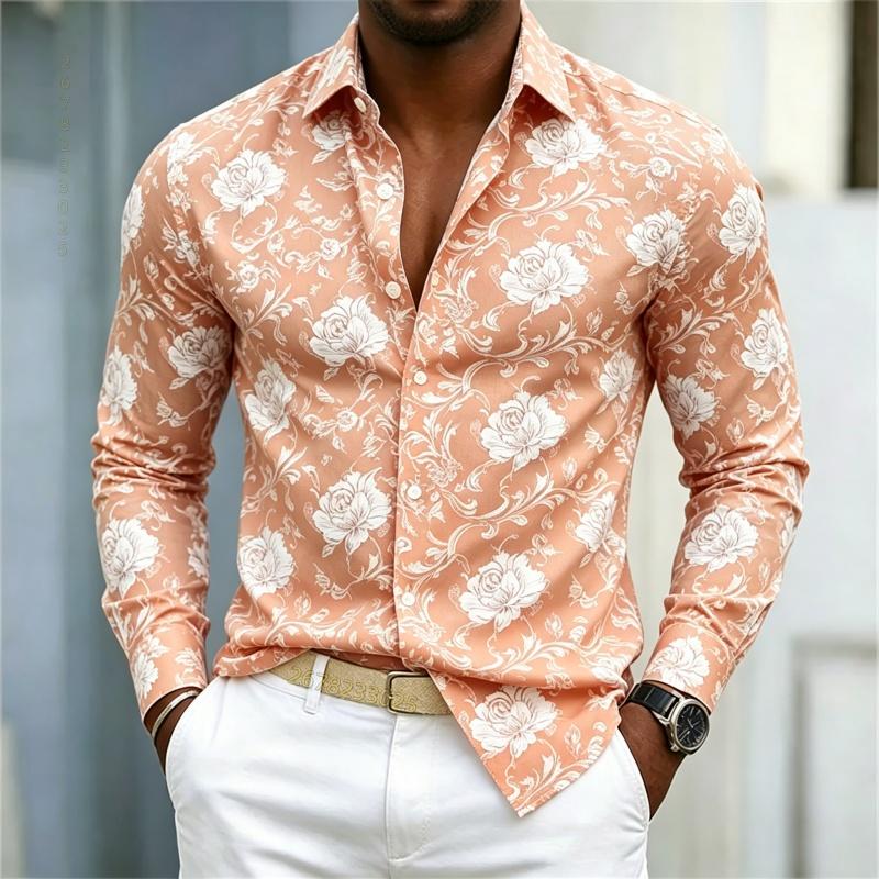 2026 Nuova Camicia da Uomo Stile Europeo e Americano Camicia Floreale Rosa Rossa Uomo Slim Fit Manica Lunga Stile Casual da Vacanza